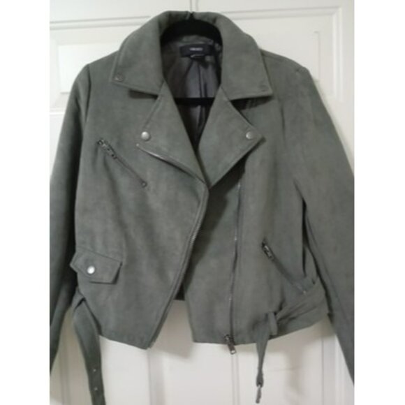 Forever 21 Olive Green Faux Suede Moto Jacket With Zipper Pockets & Belt Size L - Picture 3 of 12